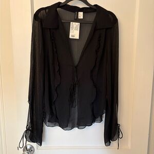 NWT H&M Black Sheer Ruffle Tie-Front Blouse